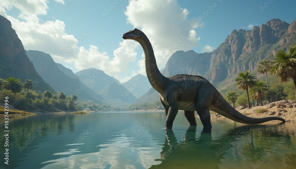 Fototapeta premium A long necked dinosaur stands in a calm lake in front of mountains. Palm trees grow on the shore. Paleontology and prehistoric animal concept. Illustration of a Brachiosaurus.