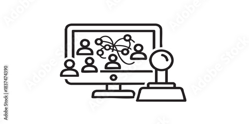 Monitor with users and joystick thin line icon, multiverse concept. Vector graphics. In game assets, gaming sign on white background, style icon mobile or web design