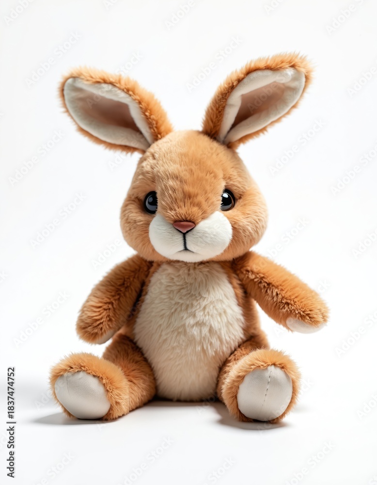 Fototapeta premium Cute brown plush bunny doll sits on white backdrop. Soft fluffy toy with big ears, small nose, and round eyes. Ideal for kids gift, Easter theme, or nursery decor.
