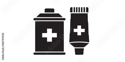 Antiseptic can and ointment tube solid icon, hygiene concept. Vector graphics. Agents with medical cross sign on white background, style icon mobile or web desig