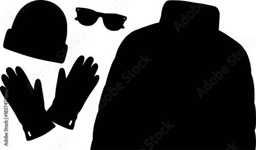 Vector art of a collection of stylish winter accessories, including a green hat, black gloves, sunglasses, and a green jacket, perfect for winter fashion design 