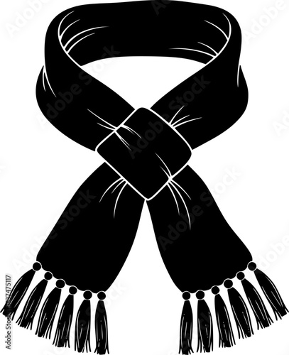 Black and white silhouette drawing of a knotted winter scarf with tassels
