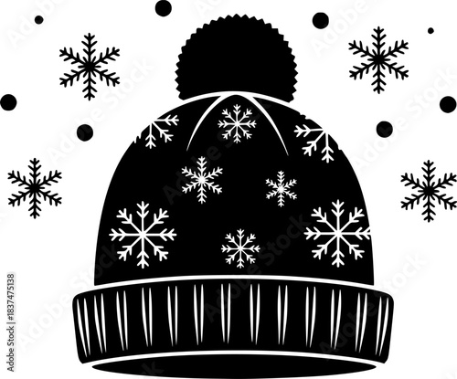 Winter Beanie Hat with Snowflakes and Snowfall Icon Vector
