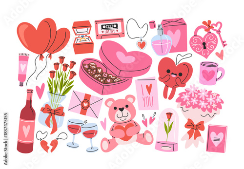 Valentine day gifts hand drawn style set with cute romantic elements and accessories for engagement