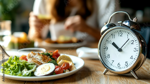 Close view of an alarm clock next to a plate of healthy food, symbolizing the idea of intermittent fasting during meal times