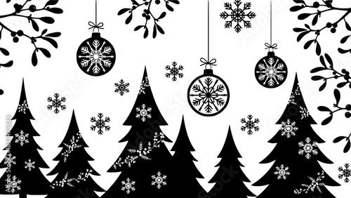 Black Christmas ornaments and trees, including snowflakes and mistletoe, adorn this festive silhouette
