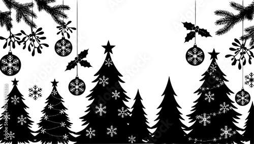 Black Christmas ornaments and trees, including snowflakes and mistletoe, adorn this festive silhouette
