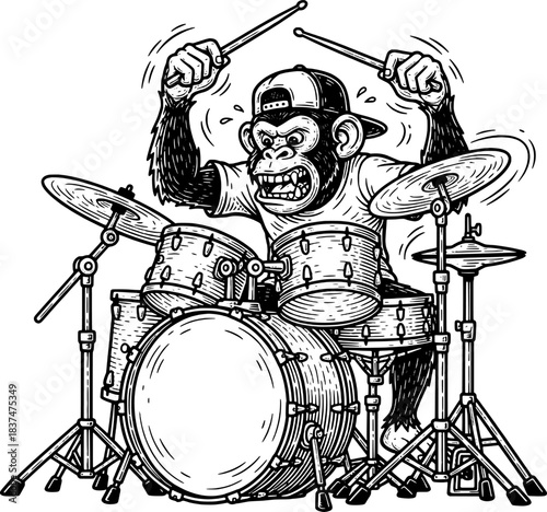black and white vector illustration with engraving style of monkey playing drum for music design and entertainment artwork