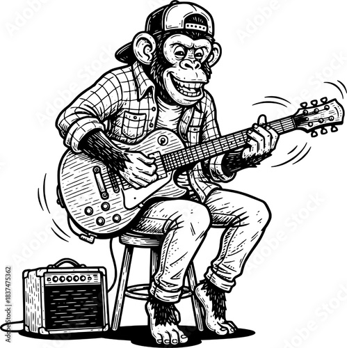 black and white vector illustration with engraving style of monkey playing electric guitar for music design and entertainment concept