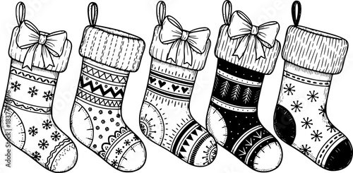 Hand drawn christmas stockings with snowflakes and bows
