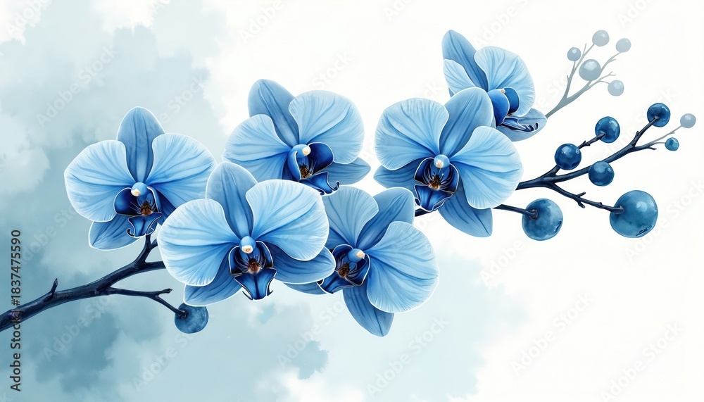 Fototapeta premium Delicate blue orchids bloom on dark branch with berries. Soft watercolor art on cloudy teal background. Ideal for wedding cards invites spring decor.