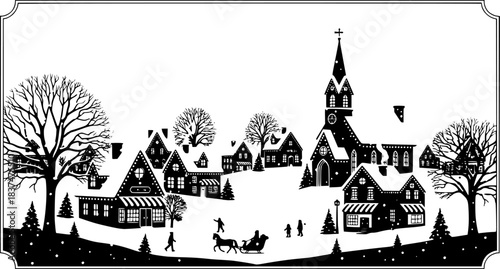 Black silhouette of a cozy village nestled among evergreen trees with smoke from chimneys houses
