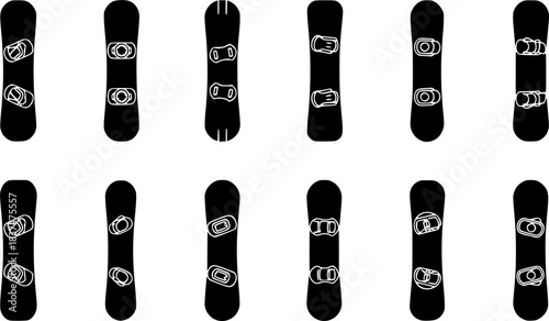 Set of twelve black snowboard vector icons showing different board shapes and binding styles in a minimalist silhouette design collection
