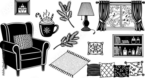 Cozy Winter Cabin Icons. Solid style icons of Winter Cabin: Wood Stove, Fireplace, Rug, Chair, Blanket, Candle, Stack of Books,
