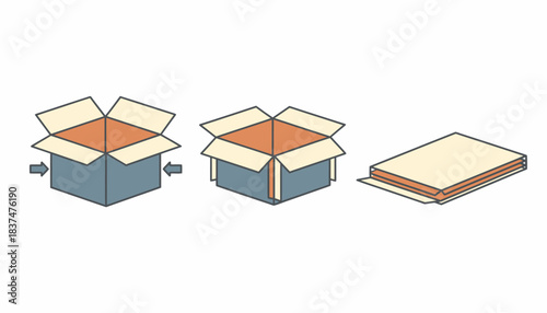 A collapsible cardboard carton that reduces storage space highlighting its efficient design by showing a stepbystep folding process.