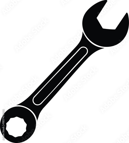 Black wrench tool isolated on white background perfect for mechanical repairs and construction.