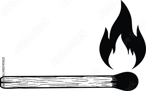 Burning matchstick with flame igniting creating fire and light ready to start.