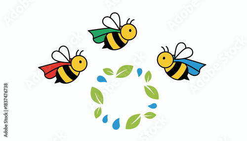 A whimsical illustration of bees wearing tiny superhero capes representing their vital role in sustaining ecosystems.