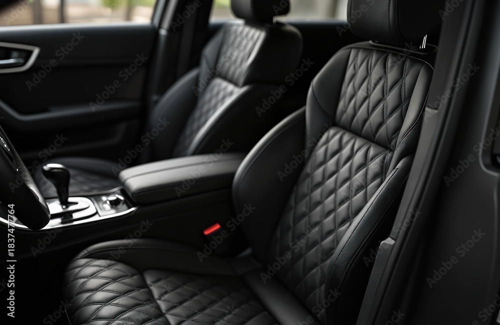 Obraz premium New black car interior features comfortable seats with diamond pattern. Luxury vehicle stylish quilted leather upholstery. Modern auto styling offers comfort, elegance. Front, passenger look sleek,