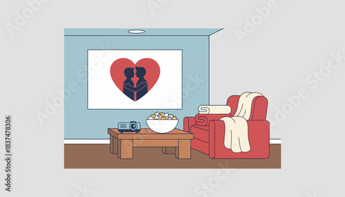 A cozy living room with a homemade movie night setup complete with popcorn blankets and a projector displaying a romantic film.