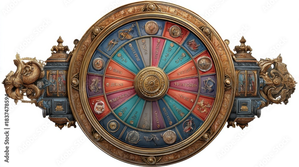 Obraz premium An elaborate astrological wheel features vibrant zodiac signs and symbols elegantly crafted with intricate details and rich colors highlighting artistic skill and historical significance.