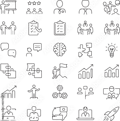 Set of 45 outline icons related to consulting. Linear icon collection. Editable stroke. Vector illustration
