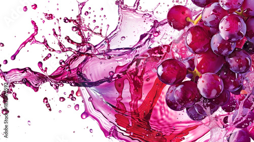 Purple wine splashes dynamically around fresh grapes, showcasing a beautiful interplay of color and liquid movement in a captivating moment