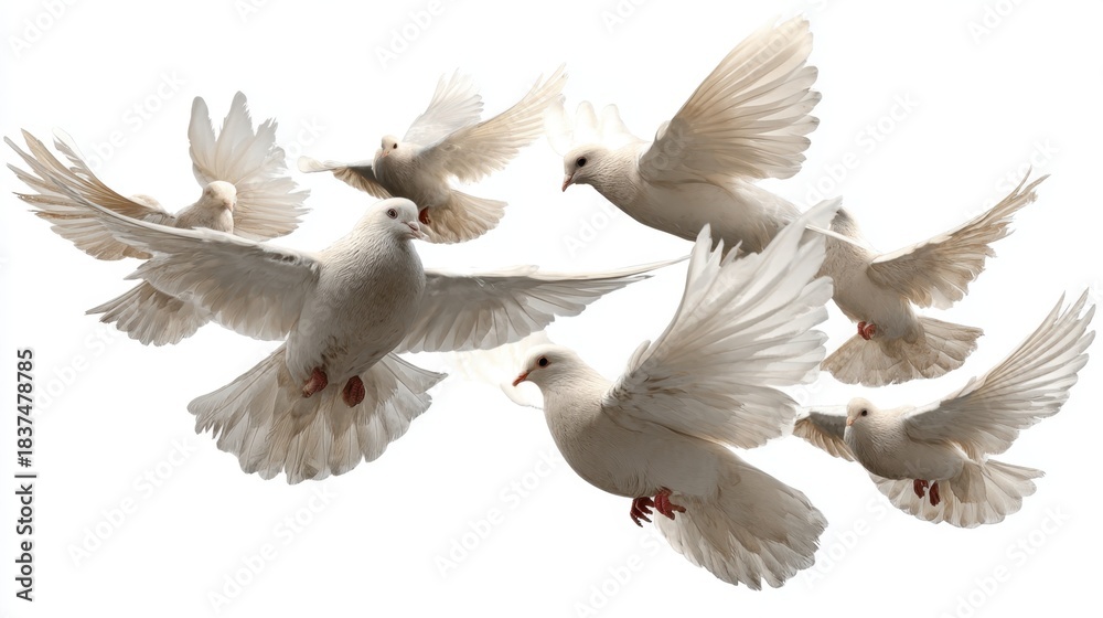 Obraz premium Several white doves spread their wings flying elegantly through the air. Their feathers shimmer in the light creating a serene and peaceful atmosphere.
