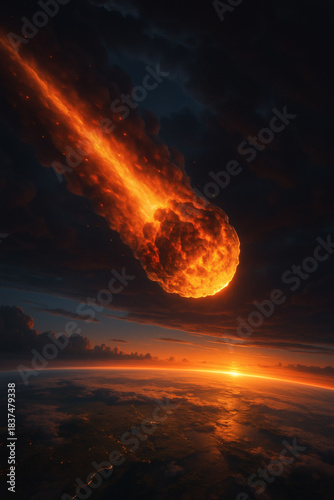 Fiery celestial body hurtling towards the Earth against a sunset-lit horizon and cloudscape, symbolizing destruction or cosmic events.