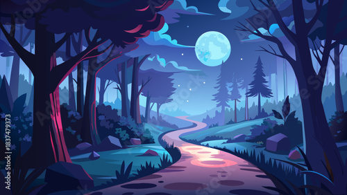 Very beautiful moonlit path winds through a shadowy forest, glowing softly beneath a bright full moon. A mystical nighttime scene filled with quiet atmosphere, deep silhouettes, and enchanting woodlan