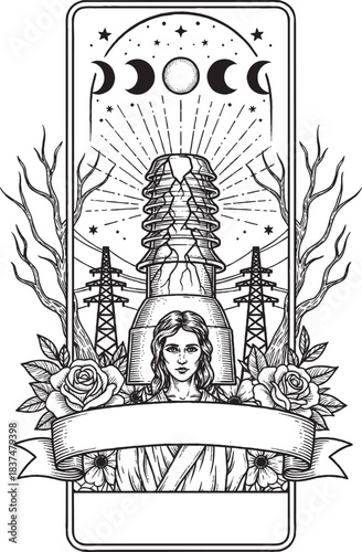 Mystical monochrome vector design of a beautiful woman standing before modern power lines and sacred moon phases.