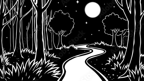 Very beautiful moonlit path winds through a shadowy forest, glowing softly beneath a bright full moon. A mystical nighttime scene filled with quiet atmosphere, deep silhouettes, and enchanting woodlan