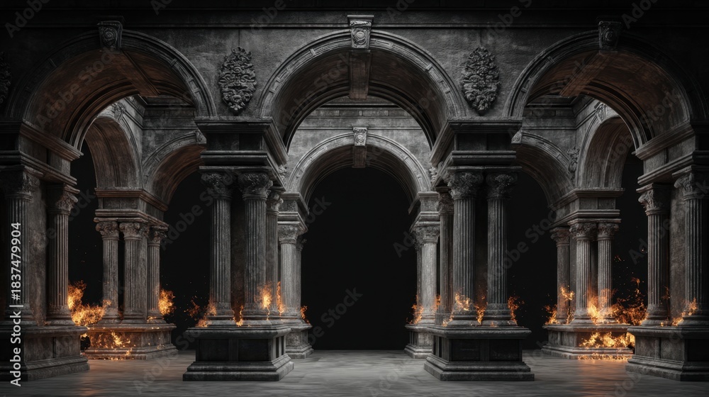 Fototapeta premium An impressive stone hall features tall columns and arches with flickering flames providing light in the darkness creating a dramatic and captivating atmosphere.