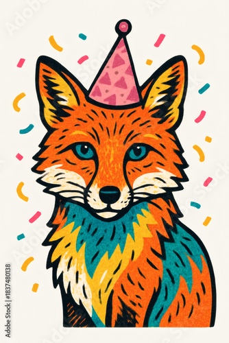 A stylized fox illustration with a party hat amidst confetti. Bright colors, clean lines, and festive celebration.