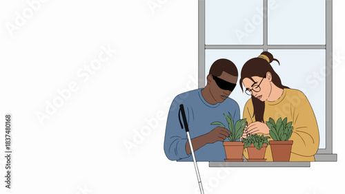 Inclusive gardening scene with blind man, white cane, and woman tending potted plants on windowsill. Inclusive gardening fosters connection, accessibility, and joy through shared hobby,