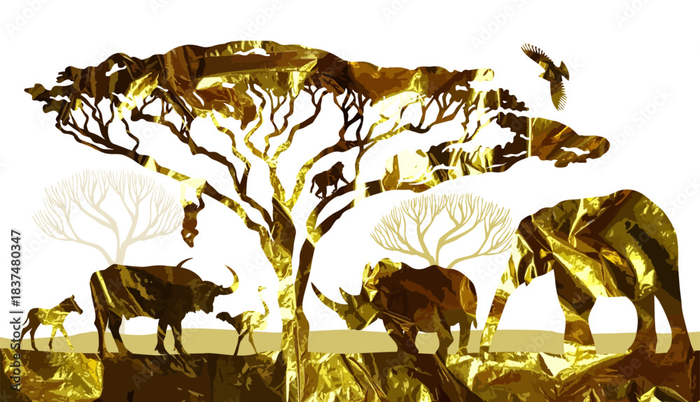 Obraz premium Abstract African golden silhouettes. hand drawing. Not AI, Vector illustration