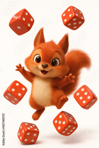 A charming squirrel leaps playfully amidst floating dice, creating a whimsical scene filled with joy and anticipation. A lucky day!