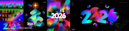 2026. Vibrant neon New Year 3d vector poster with gradient shapes, glowing typography, festive symbols, and abstract elements for greeting card, banner, holiday promotion, and modern event