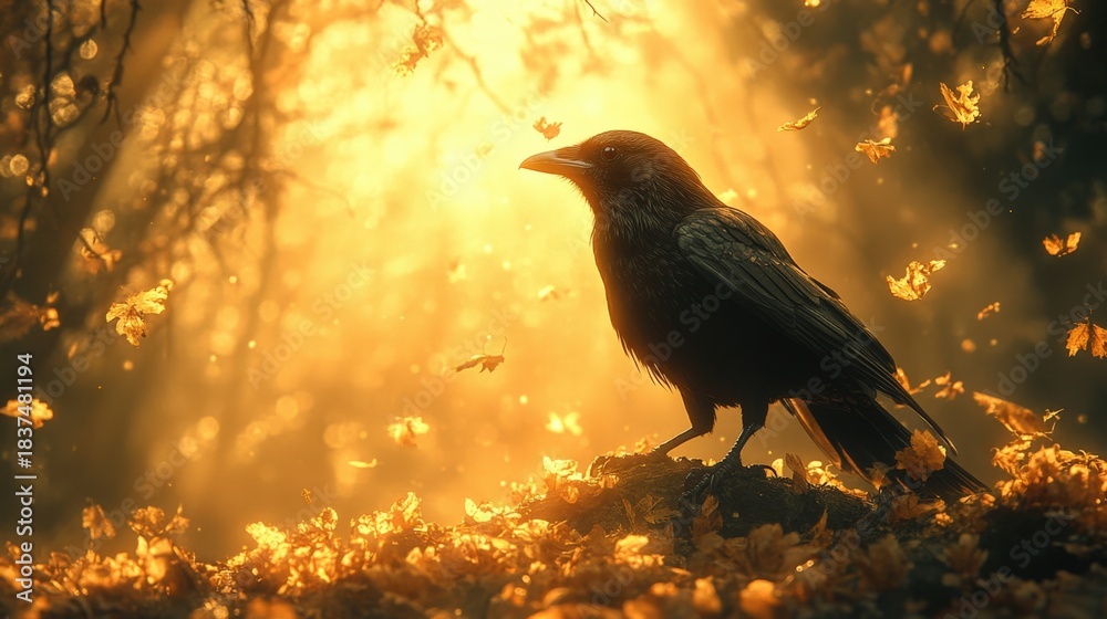 Obraz premium A majestic raven rests on a mossy forest floor, illuminated by warm sunlight. An ethereal and tranquil scene.