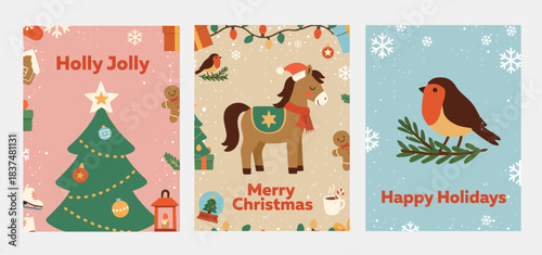 Cute Christmas cards. Vector illustrations. Merry Christmas. New Year's symbol. Gift cards. Bullfinch on a branch. New Year's horse. Print for card design. Templates