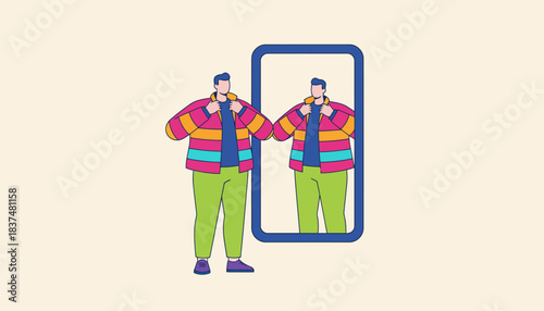 A proud individual standing before a mirror adjusting their pridethemed attire representing selfacceptance and confidence.