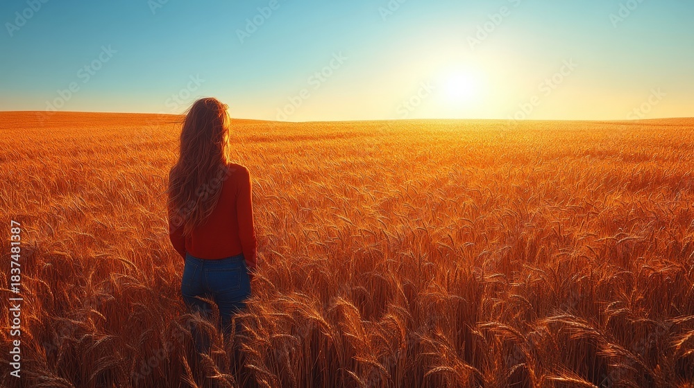 Fototapeta premium A serene image of a woman amidst a field of golden wheat during sunset. Long shadows and warm light create a tranquil and picturesque scene.