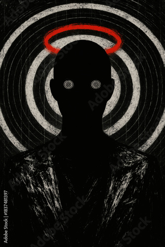 Shadowy figure with a red halo, lost in spiraling patterns. Eyes like hypnotizing symbols, conveying a sense of mystery and entrapment.