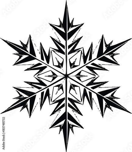 Intricate black and white snowflake design with sharp symmetrical edges and detailed patterns.
