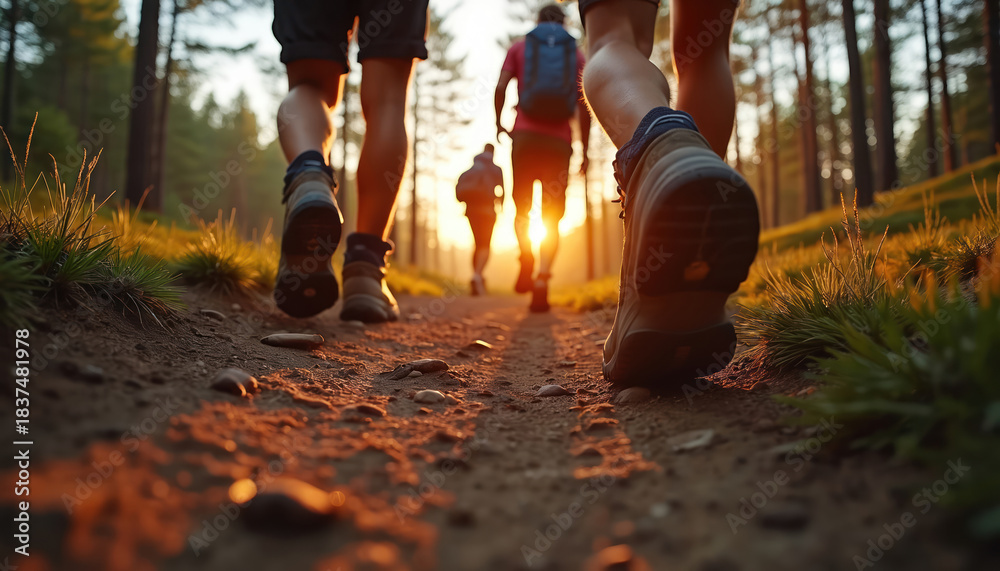 Obraz premium Group walks on a forest trail at sunrise. People hike in a wooded area. Hikers enjoy nature at golden hour. Adventurers explore nature on a sunny day.