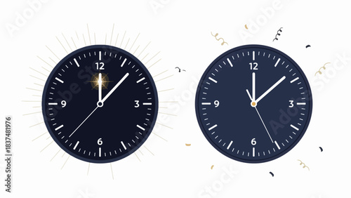 Graphic clocks showing midnight noon with bright light burst, dark analog clock face indicates exact time, representing important transition moment. Perfect for symbolizing new beginnings, deadlines,