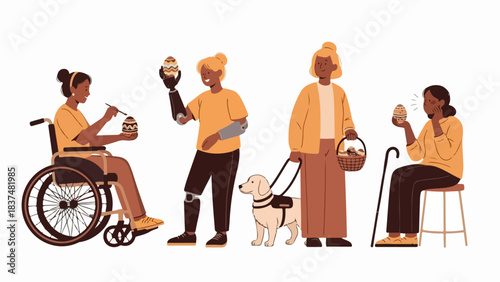 Inclusive Easter celebration portrays diverse people painting and holding eggs. Individuals with disabilities, wheelchair user, prosthetic limbs, guide dog, show inclusive Easter celebration.