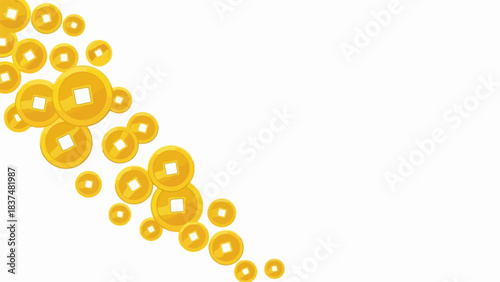 Falling gold coins cascade across white background, symbolizing prosperity and financial growth. Dynamic falling gold coins suggest abundant opportunities and wealth generation.