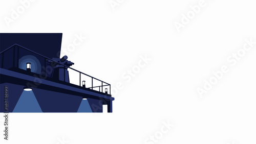 Minimalist building night illustration featuring modern architectural structure under dark sky. Stylized building night scene with geometric shapes and subtle spotlights creates mysterious ambiance.