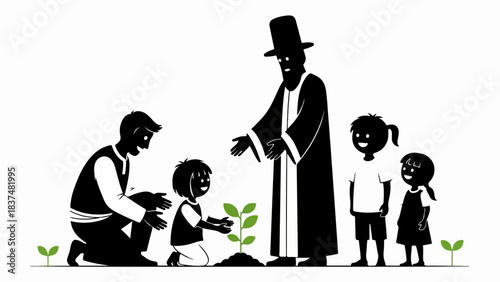 Silhouetted family engaged in tree planting activity, with parents and children carefully nurturing small sapling.